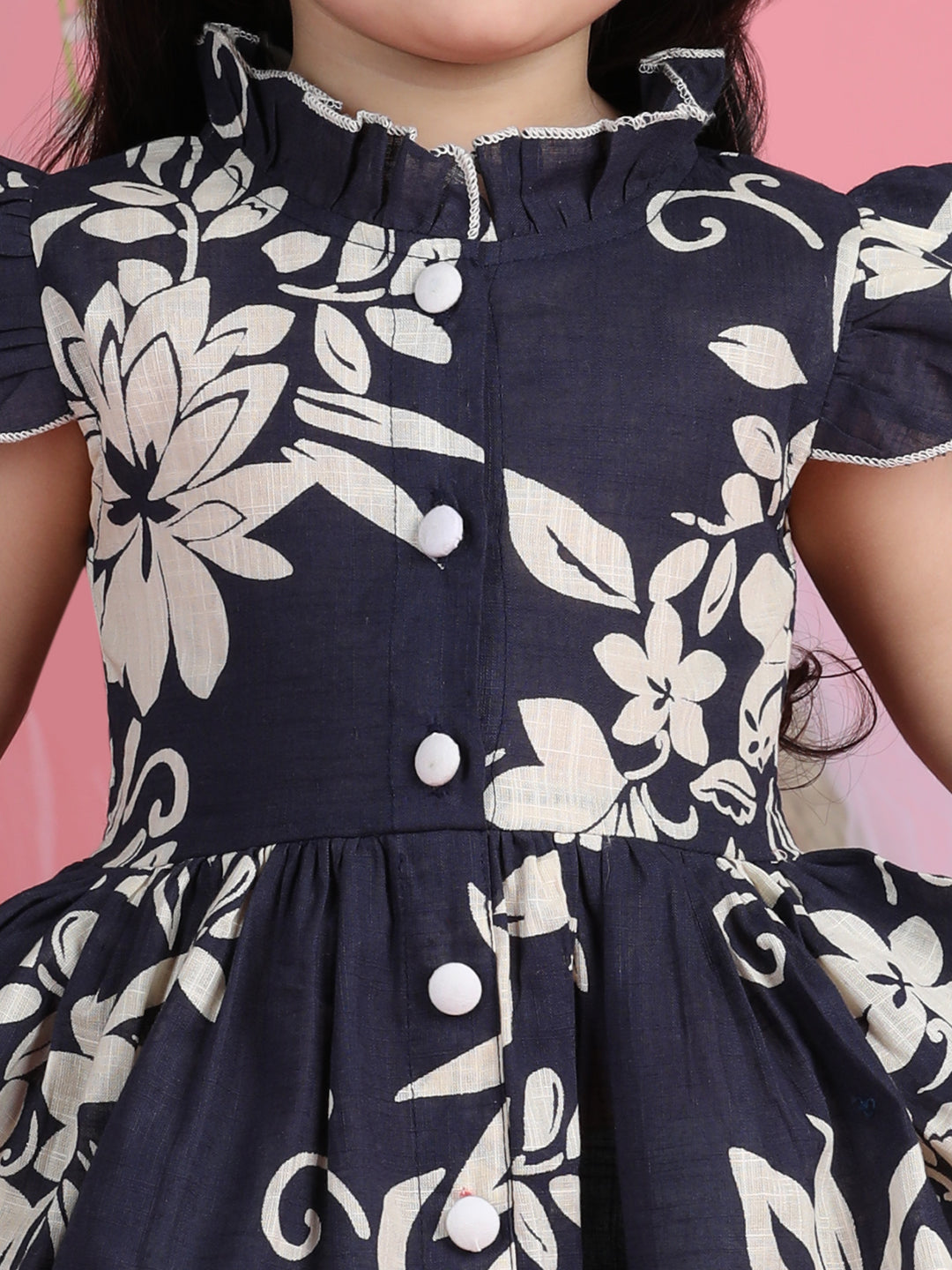 Cutiekins Mandarin Collar Printed Flared Dress-Navy Blue & Off White