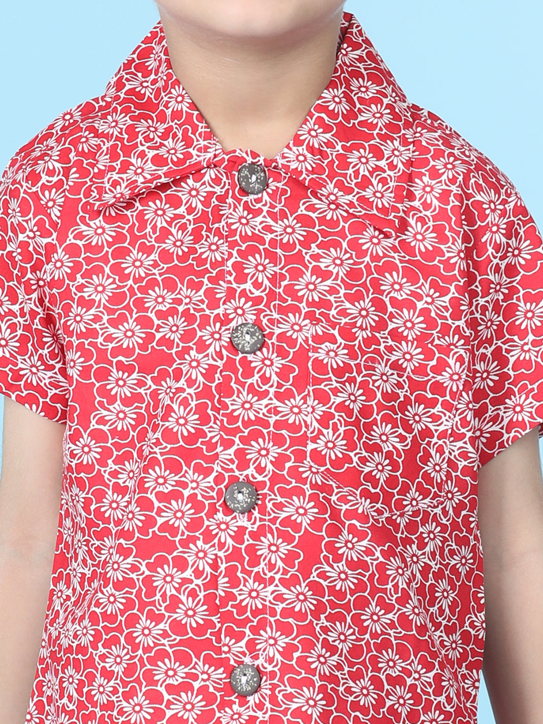 Cutiekins Boys Floral Print Shirt With Solid Lycra Short -Red & White