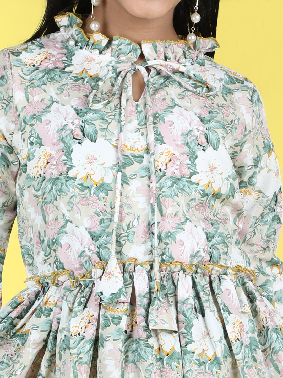 Cutiekins Mandarin Collar Printed Flared Dress-Light Green & Baige