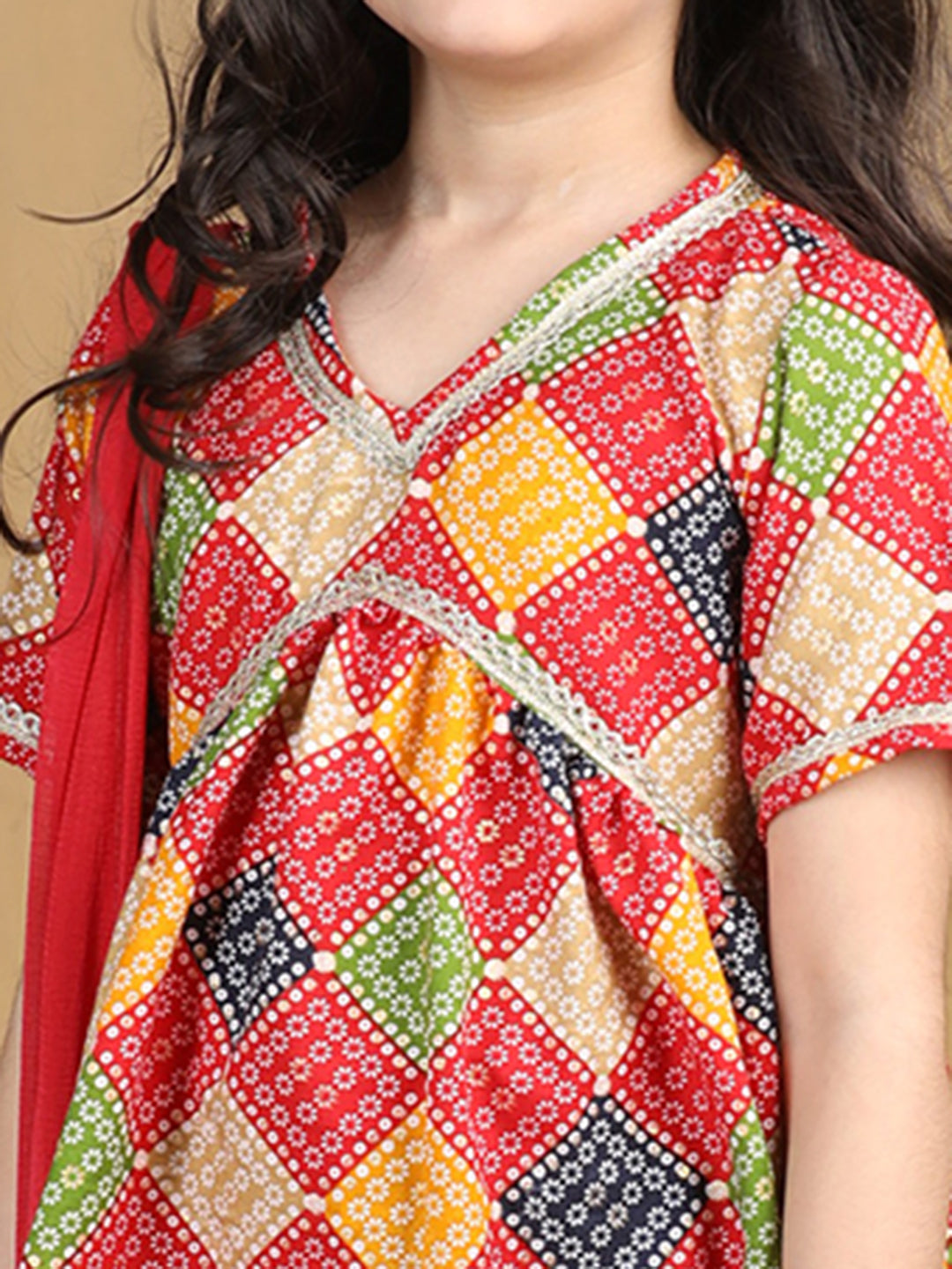 Cutiekins Girls Bandhani Print Empire Kurta and Sharara with Dupatta -Red & Multi