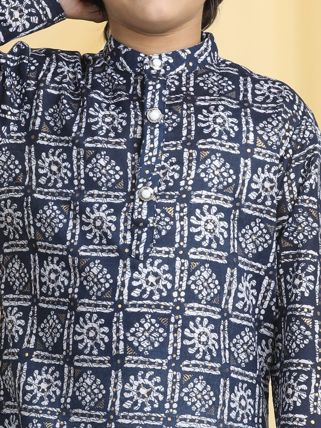Cutiekins Boys Tribal Print Mandarin Collar Kurta with Pajama -Navy Blue & White