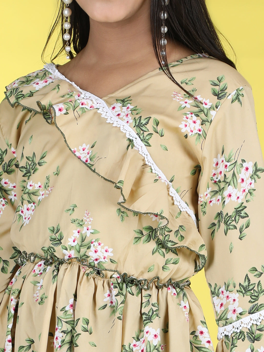 Cutiekins V-Neck Printed Flared Dress-Baige & Green