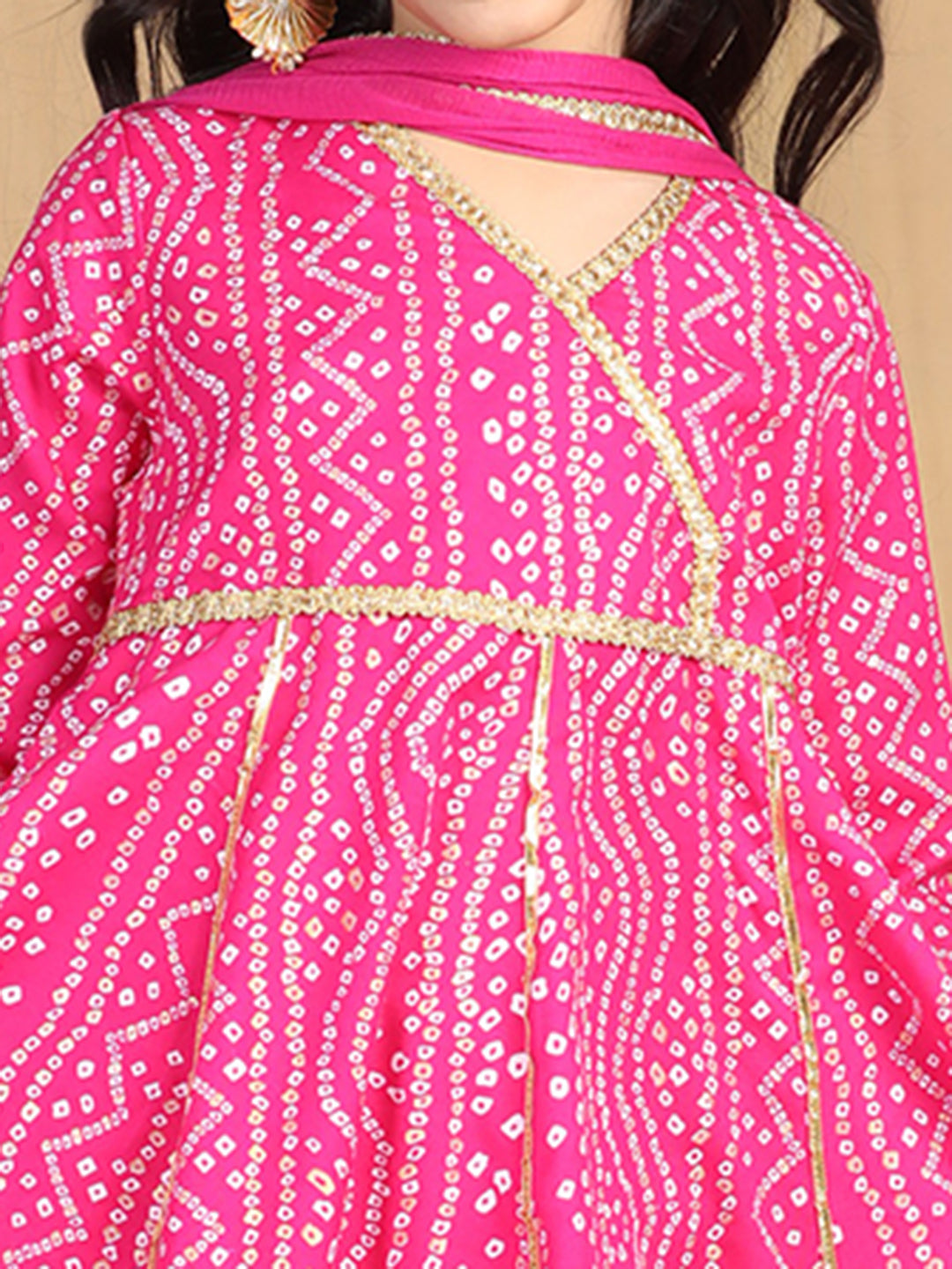 Cutiekins Girls Bandhani Print Angrakha Kurta and Sharara with Dupatta -Magenta & Off White