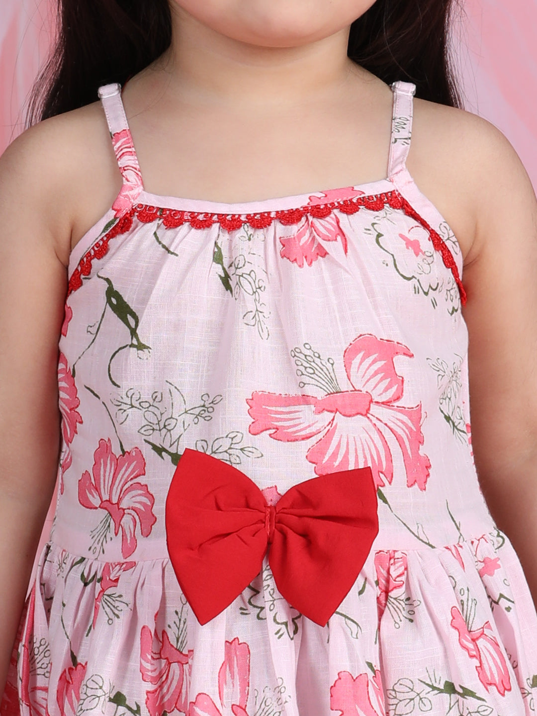 Cutiekins Shoulder Straps Printed Flared Dress-Light Pink & Red