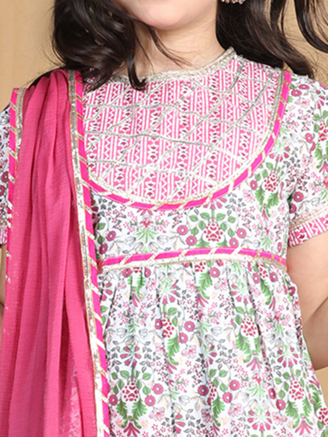 Cutiekins Girls Floral Print Sleeveless Kurta and Sharara with Dupatta -Off White & Onion Pink