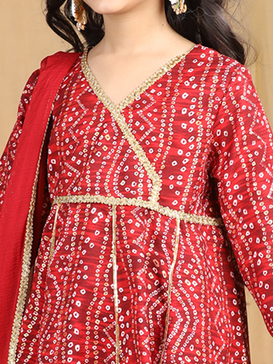 Cutiekins Girls Bandhani Print Angrakha Kurta and Sharara with Dupatta -Maroon & Off White