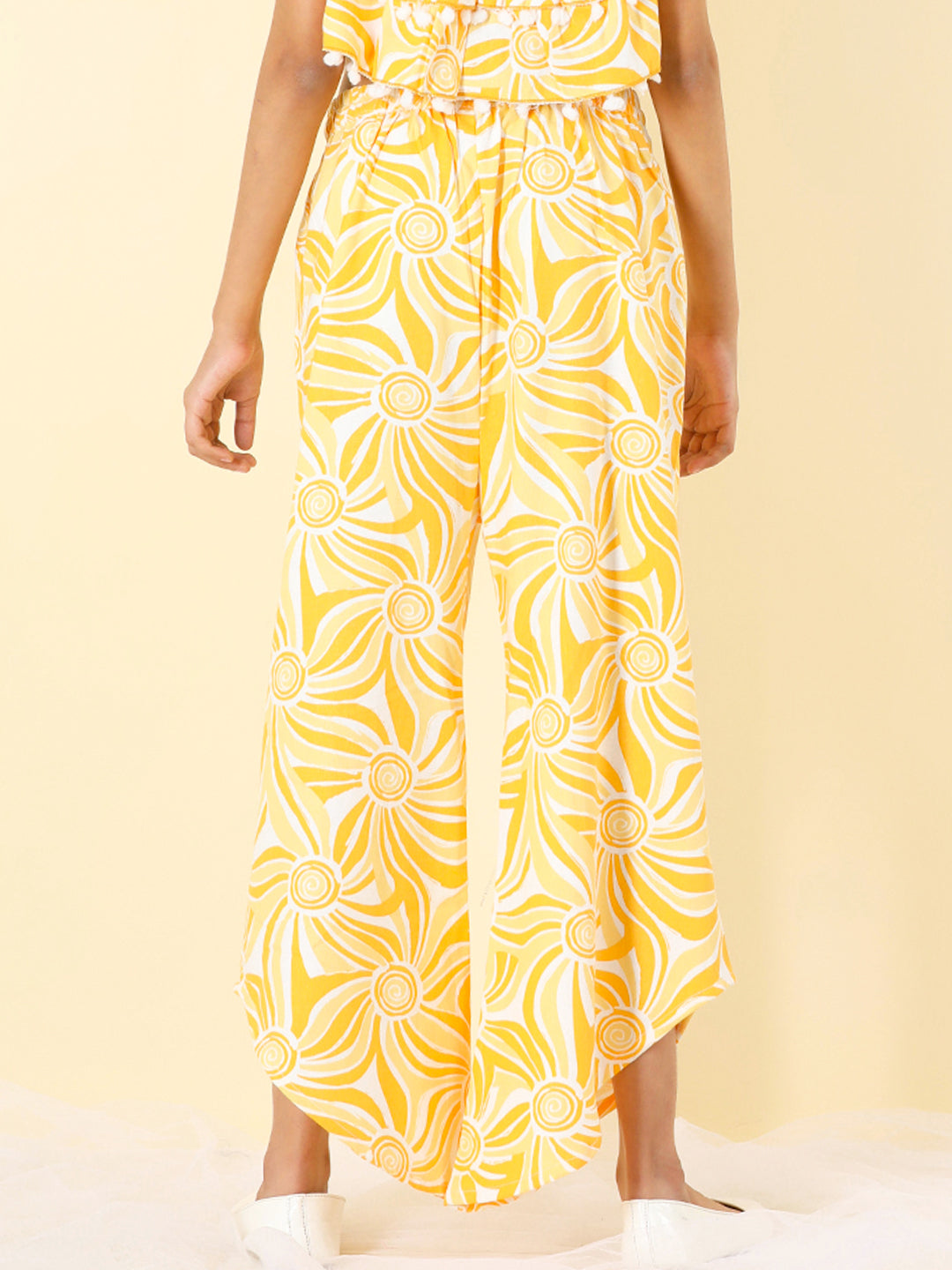 Cutiekins Girls Cotton Abstract Print Palazzo -White & Mustard