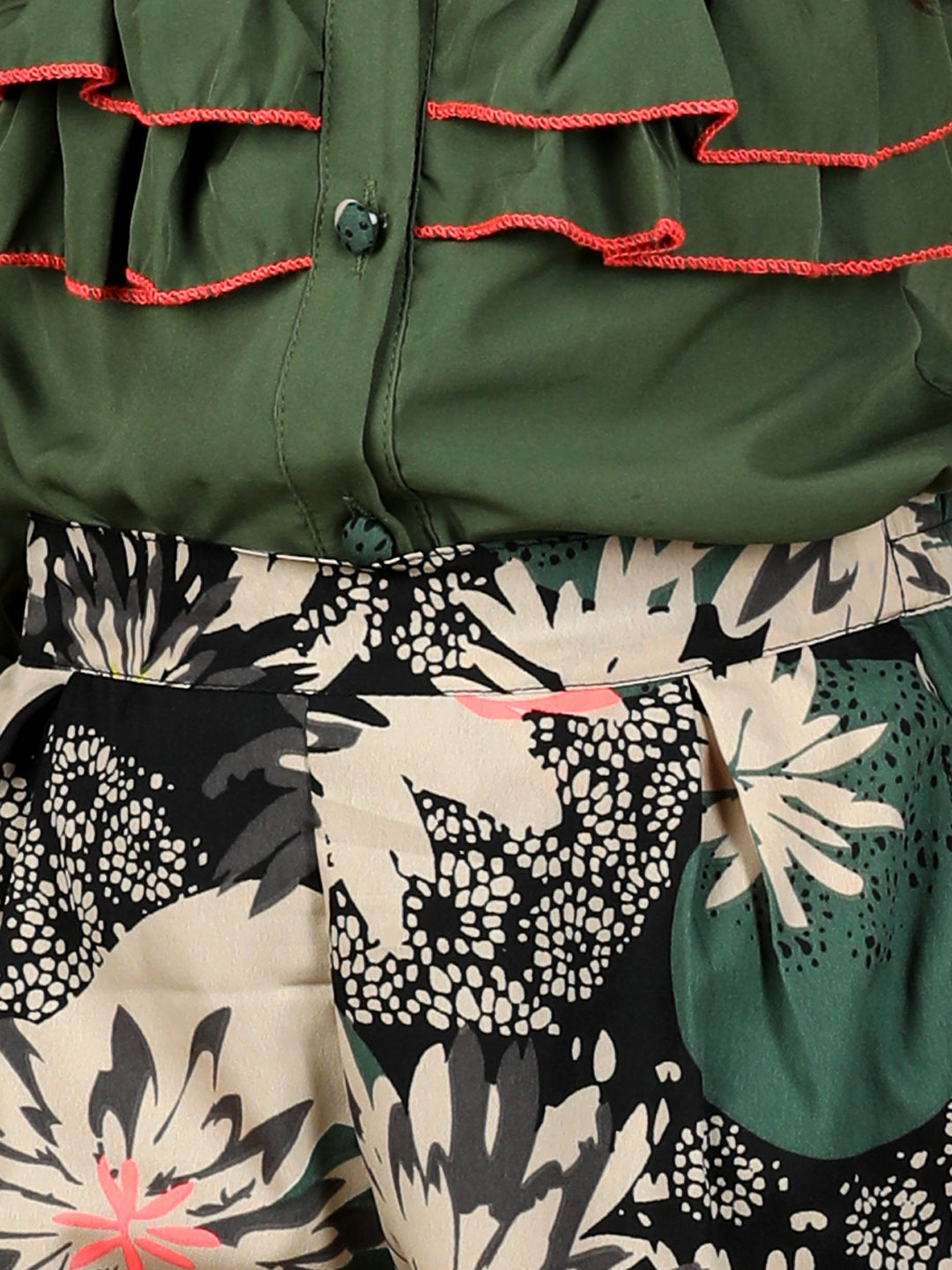 Cutiekins Girls Floral Print Top With Wide Leg Trouser Co-Ord Set - Green & Black