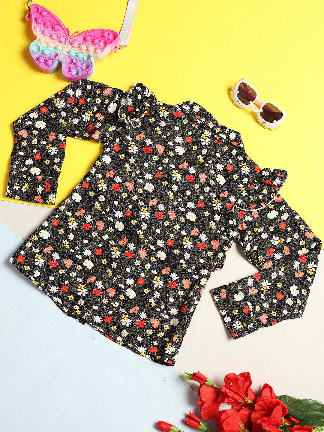 Cutiekins Girls Floral Print Ruffles Shirt Style Top -Black & Multi