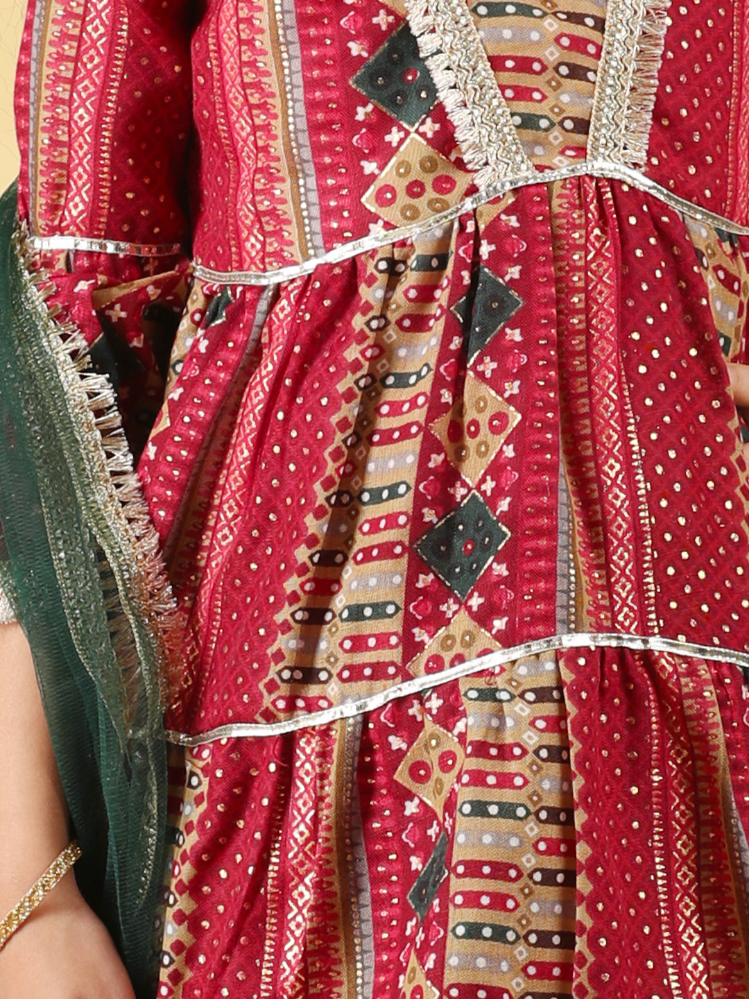 Cutiekins Girls Embroidered Bandhani Print Empire Kurta & Sharara with Dupatta -Maroon & Gold