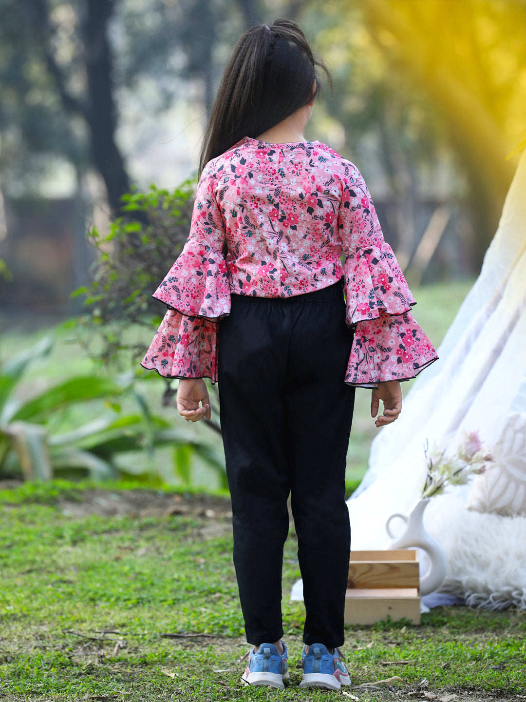 Cutiekins Front Knot Round Neck Foral Printed Regular Top & Trousers Set -Pink & Black