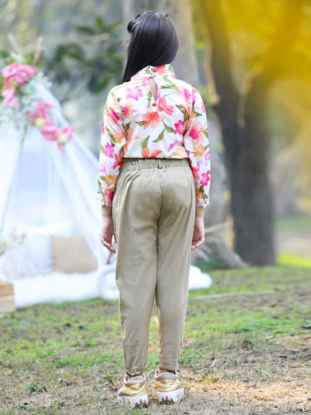 Cutiekins Mandarin Collar Foral Printed Regular Top & Trousers Set -Baige & Khaki