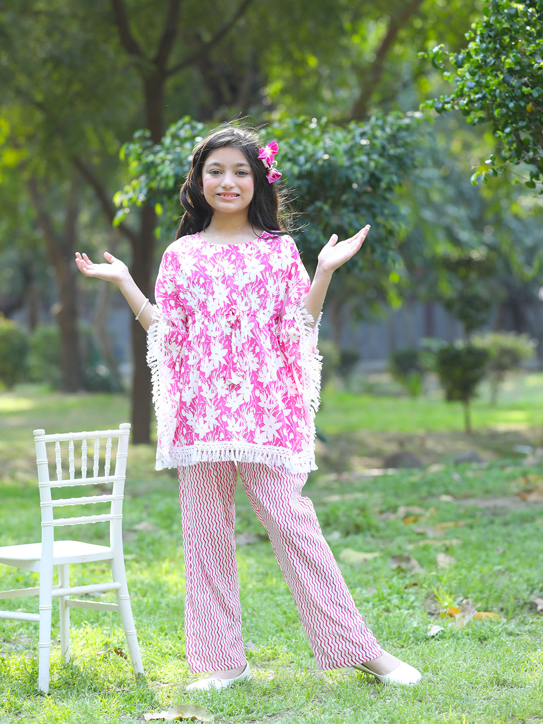 Cutiekins Girls Trendy Floral Print Kaftan Kurta and Palazzo Set -Magenta & White