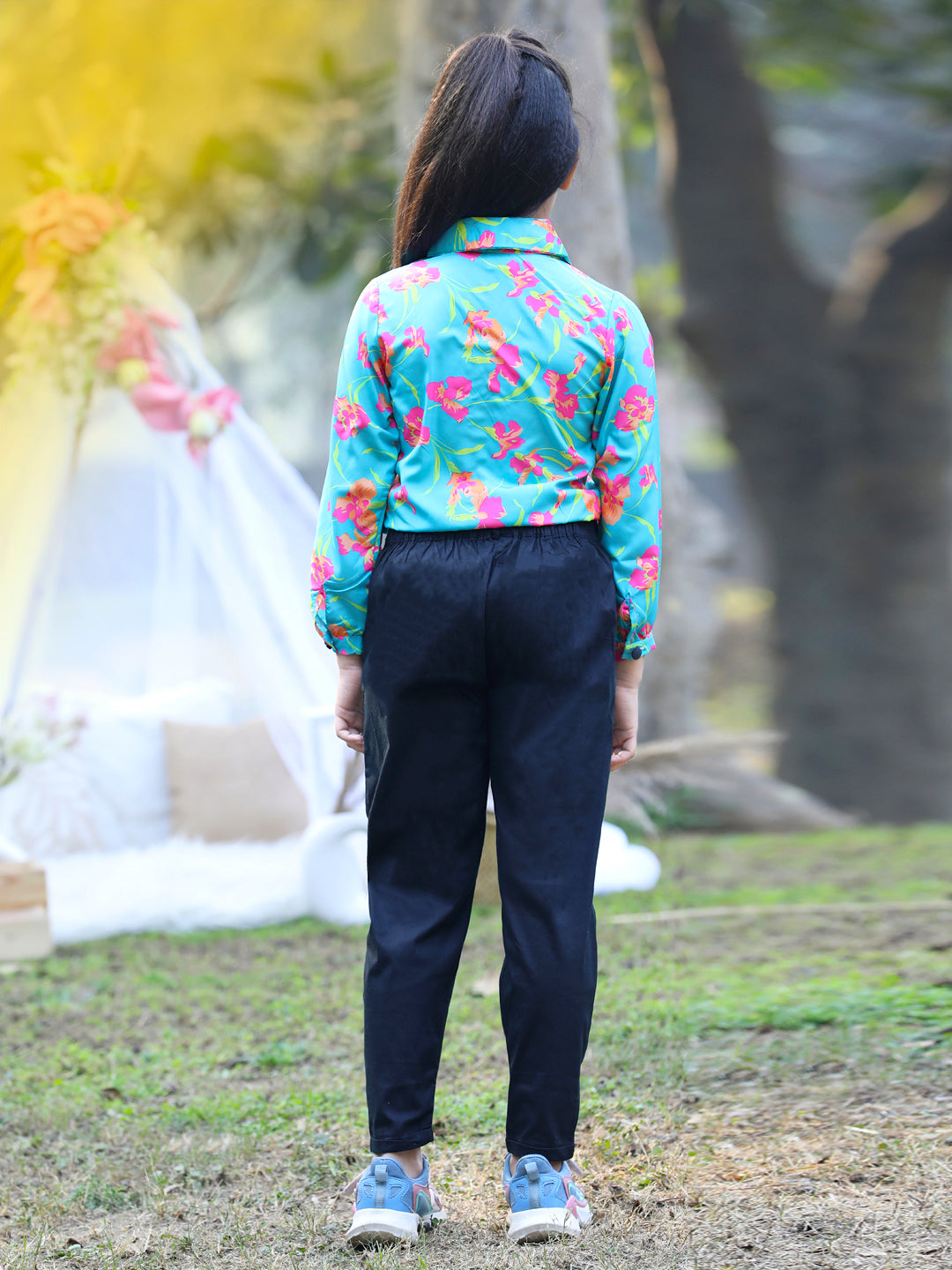 Cutiekins Collar Neck Foral Printed Regular Top & Trousers Set -Sea Green & Black