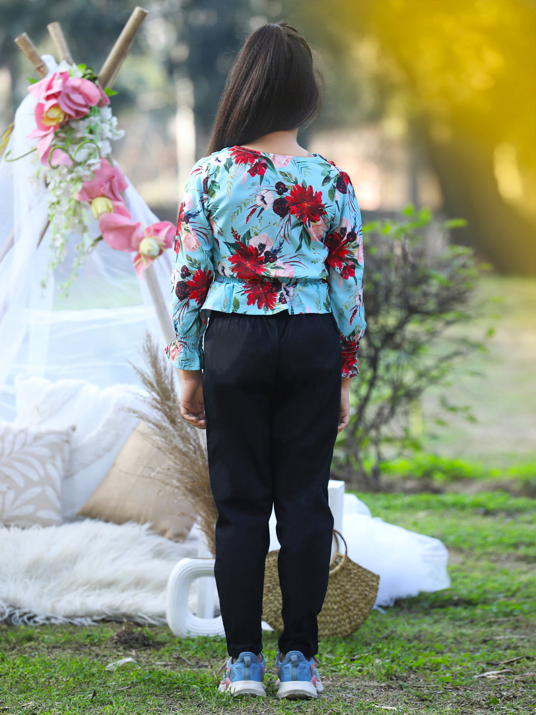 Cutiekins V Neck Foral Printed Crop Top & Trousers Set -Turquoise Blue & Black