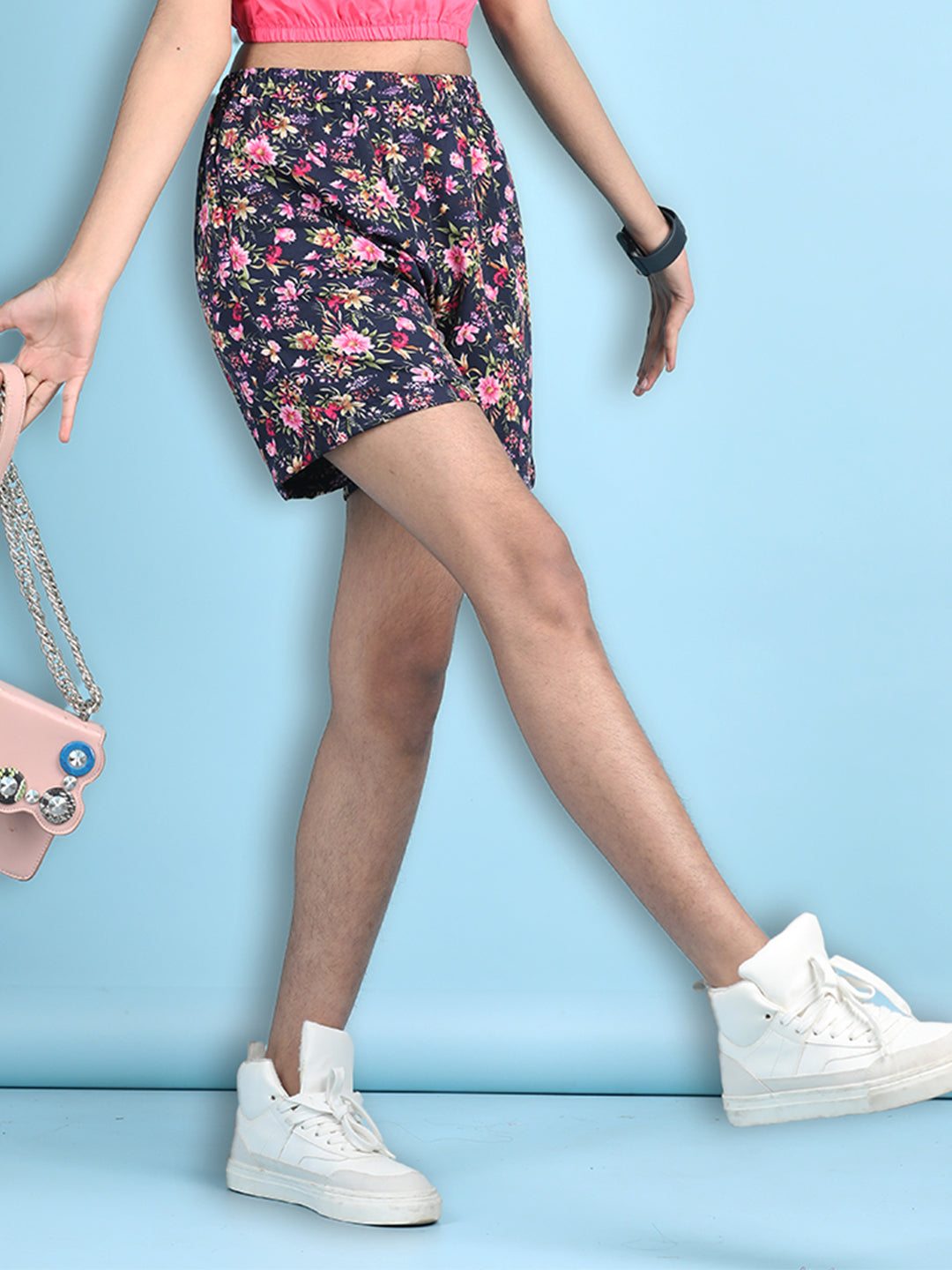 Cutiekins Girls Printed Regular Shorts -Navy Blue & Pink