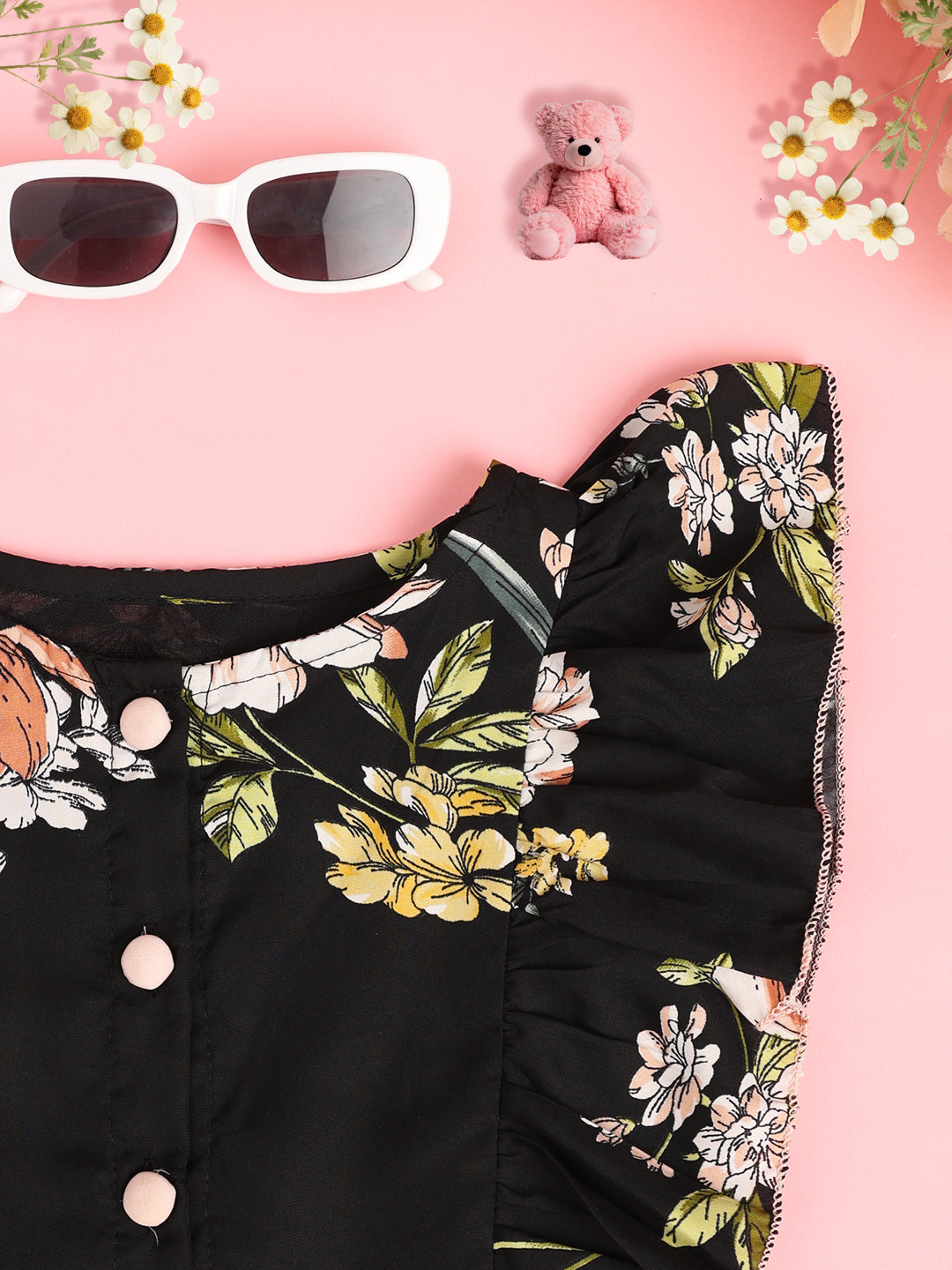 Cutiekins Girl Floral Print Ruffles Shirt Style Top -Black & Multi