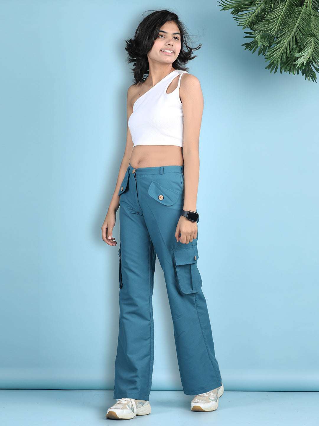 Cutiekins Girls Solid Embellished Top with Solid Cargo -White & Blue