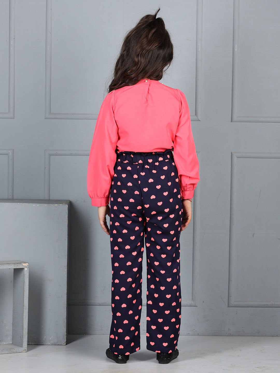 Cutiekins Girls Solid Embellished Top With Printed Trouser -Coral & Dark blue