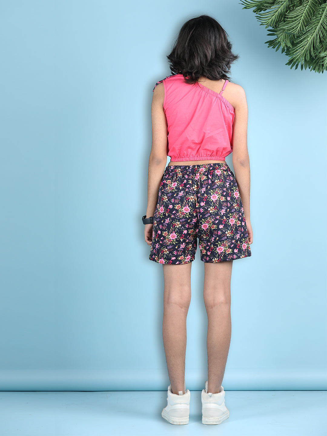 Cutiekins Girls Solid Embellished Top with Printed Shorts -Pink & Navy Blue