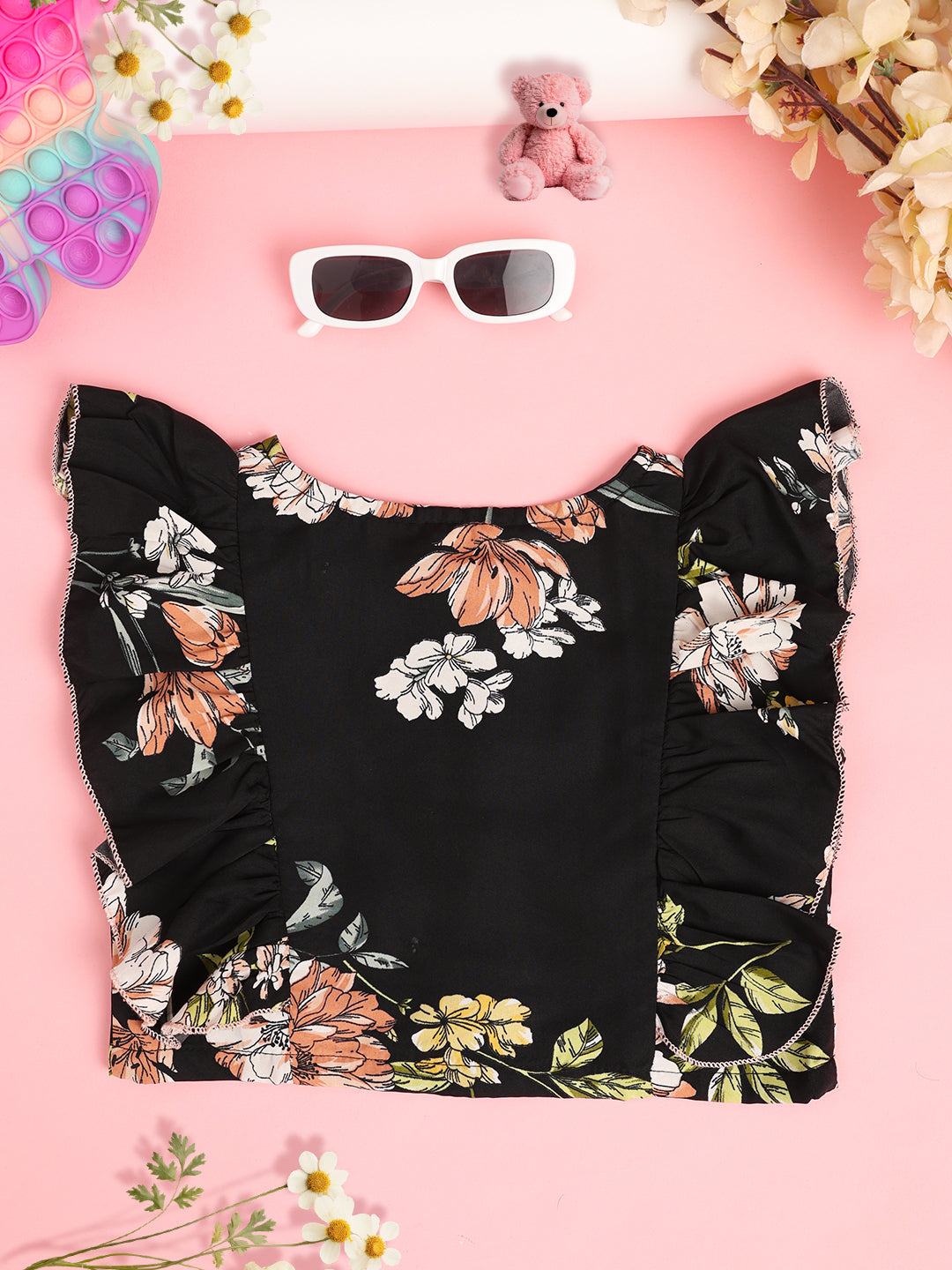 Cutiekins Girl Floral Print Ruffles Shirt Style Top -Black & Multi