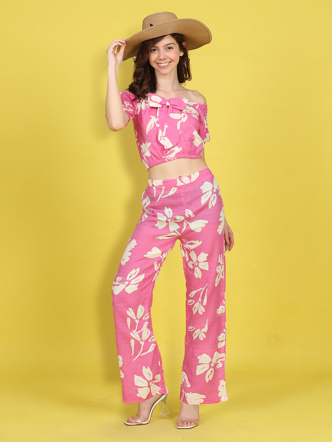 Cutiekins Girls Trendy Bold Style Printed Top & Palazzo Co-ord Set -Onion Pink & Off White