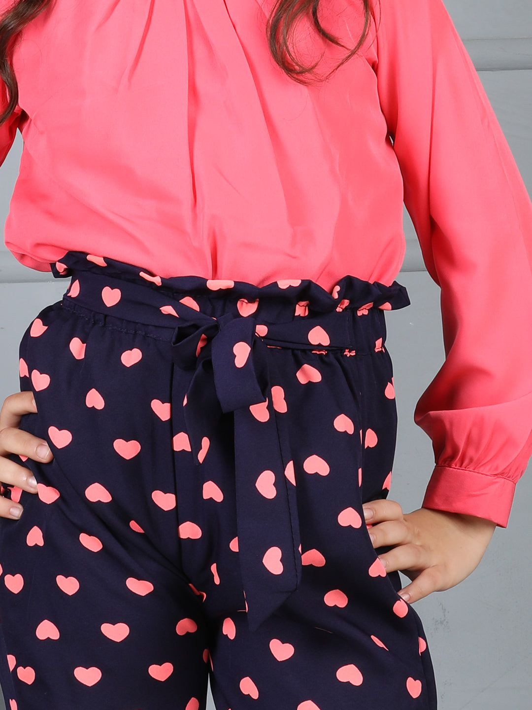 Cutiekins Girls Solid Embellished Top With Printed Trouser -Coral & Dark blue
