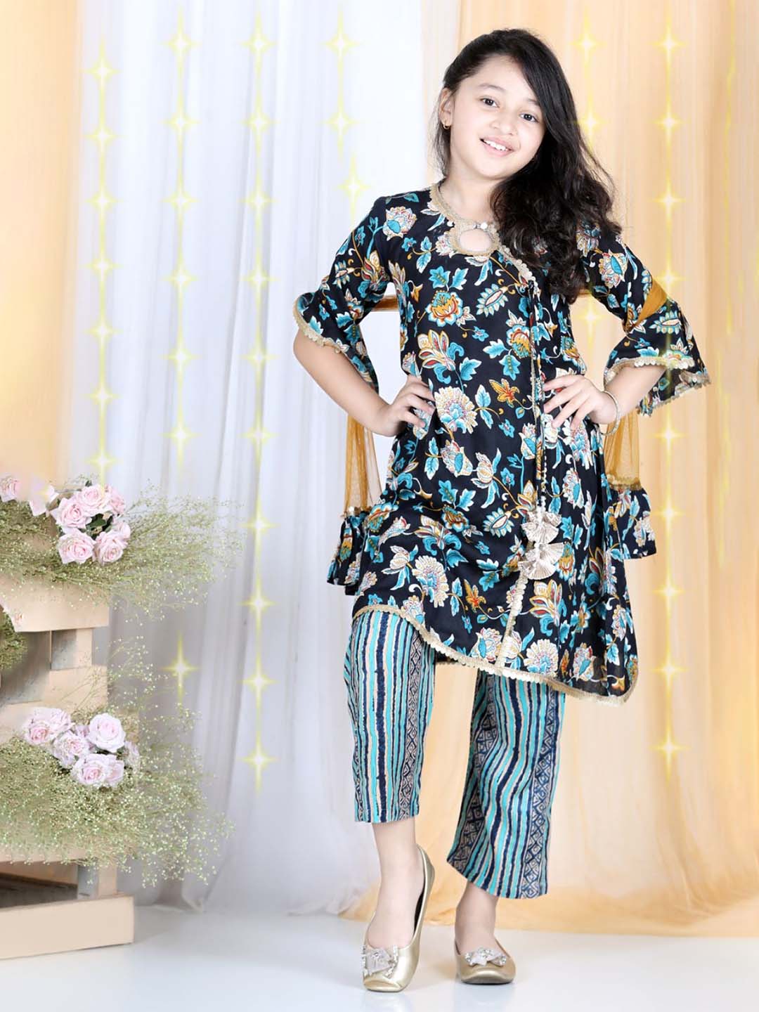 Cutiekins Floral & Striped Printed Angrakha Style Kurta & Palazzo Set -Teal Blue & Brown