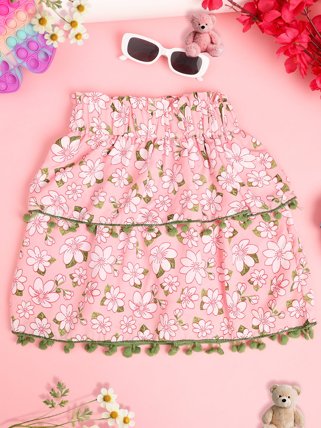 Cutiekins Girls Floral Print Embellished Skirt- Pink & Green
