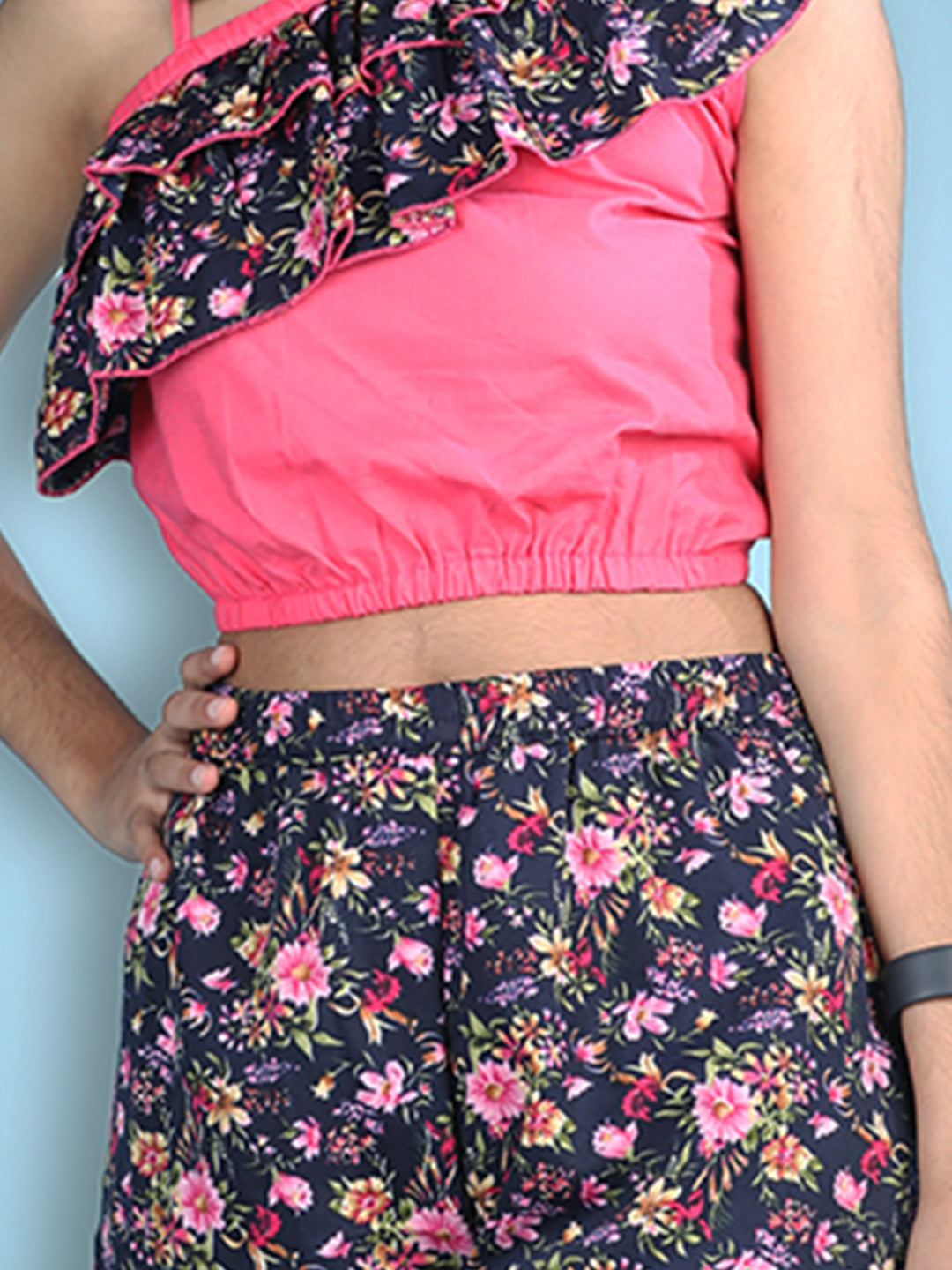 Cutiekins Girls Solid Embellished Top with Printed Shorts -Pink & Navy Blue