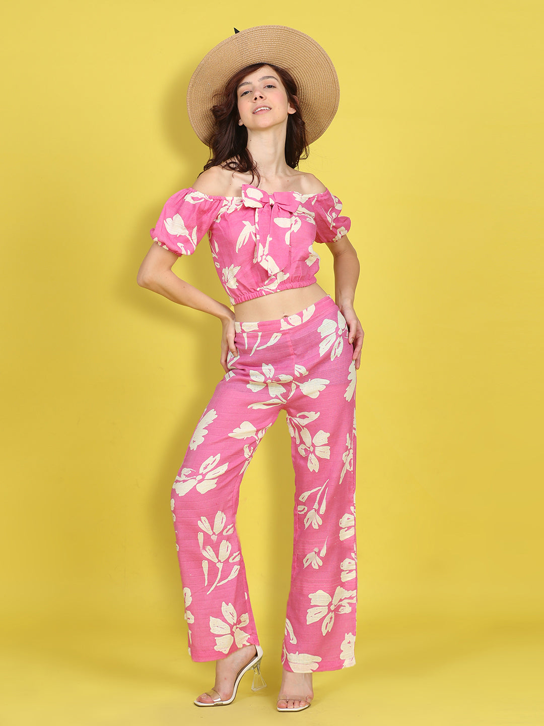 Cutiekins Girls Trendy Bold Style Printed Top & Palazzo Co-ord Set -Onion Pink & Off White