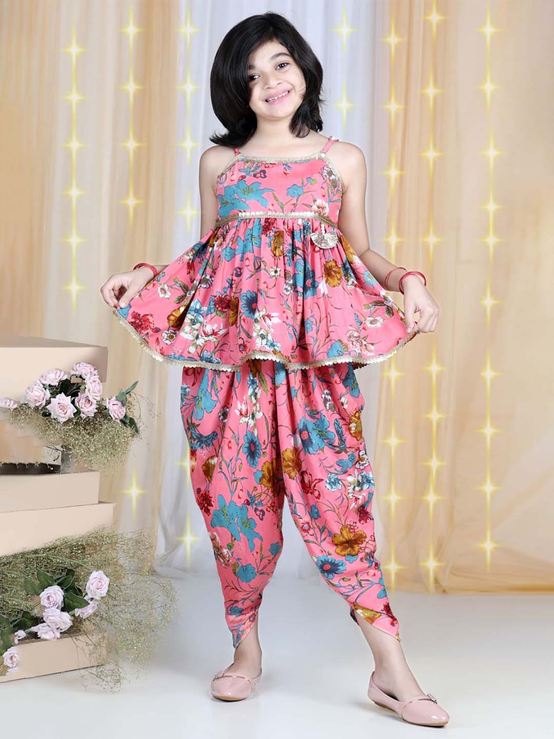 Cutiekins Floral Printed Peplum Top & Dhoti Set- Pink & Blue