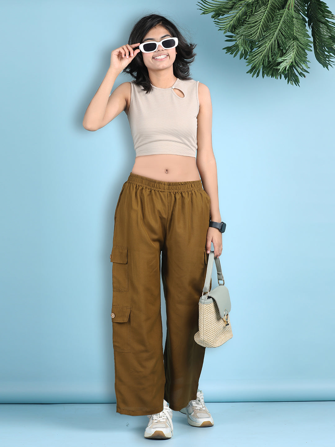 Cutiekins Girls Solid Embellished Top with Solid Cargo -Beige & Brown