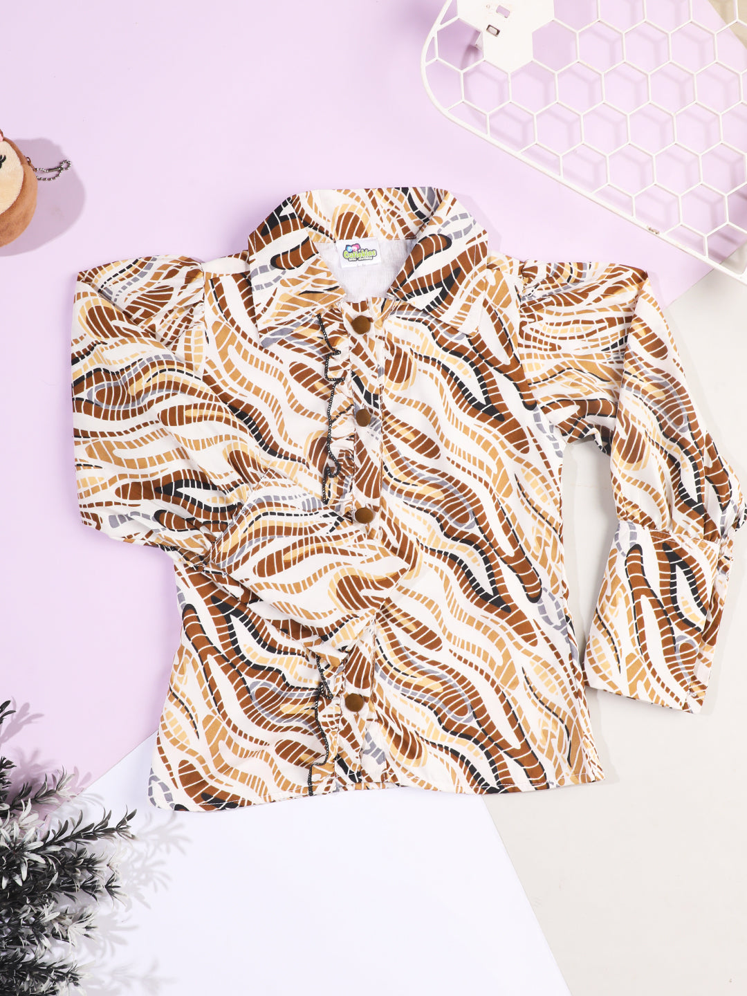 Cutiekins Girls Abstract Print Shirt Style Top -Off White & Brown