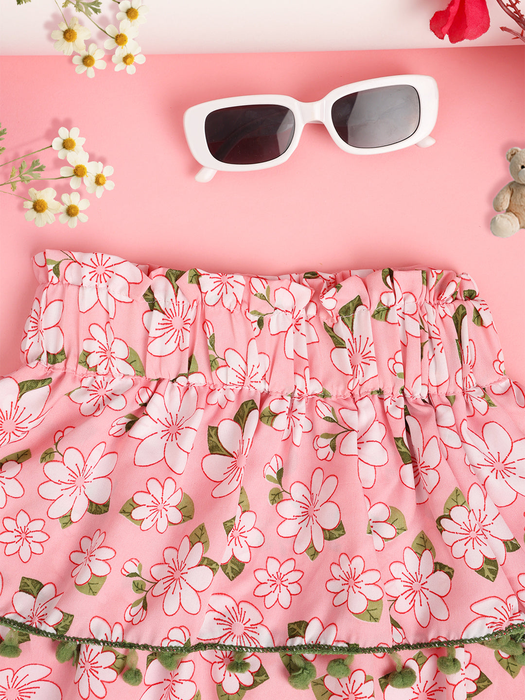 Cutiekins Girls Floral Print Embellished Skirt- Pink & Green