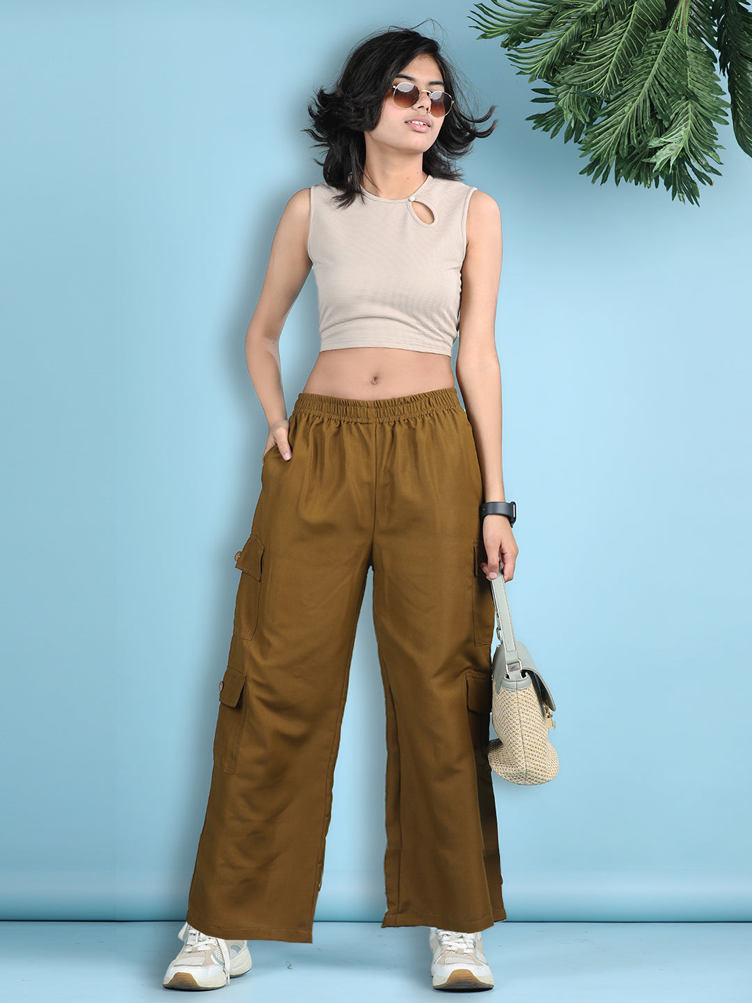 Cutiekins Girls Solid Embellished Top with Solid Cargo -Beige & Brown