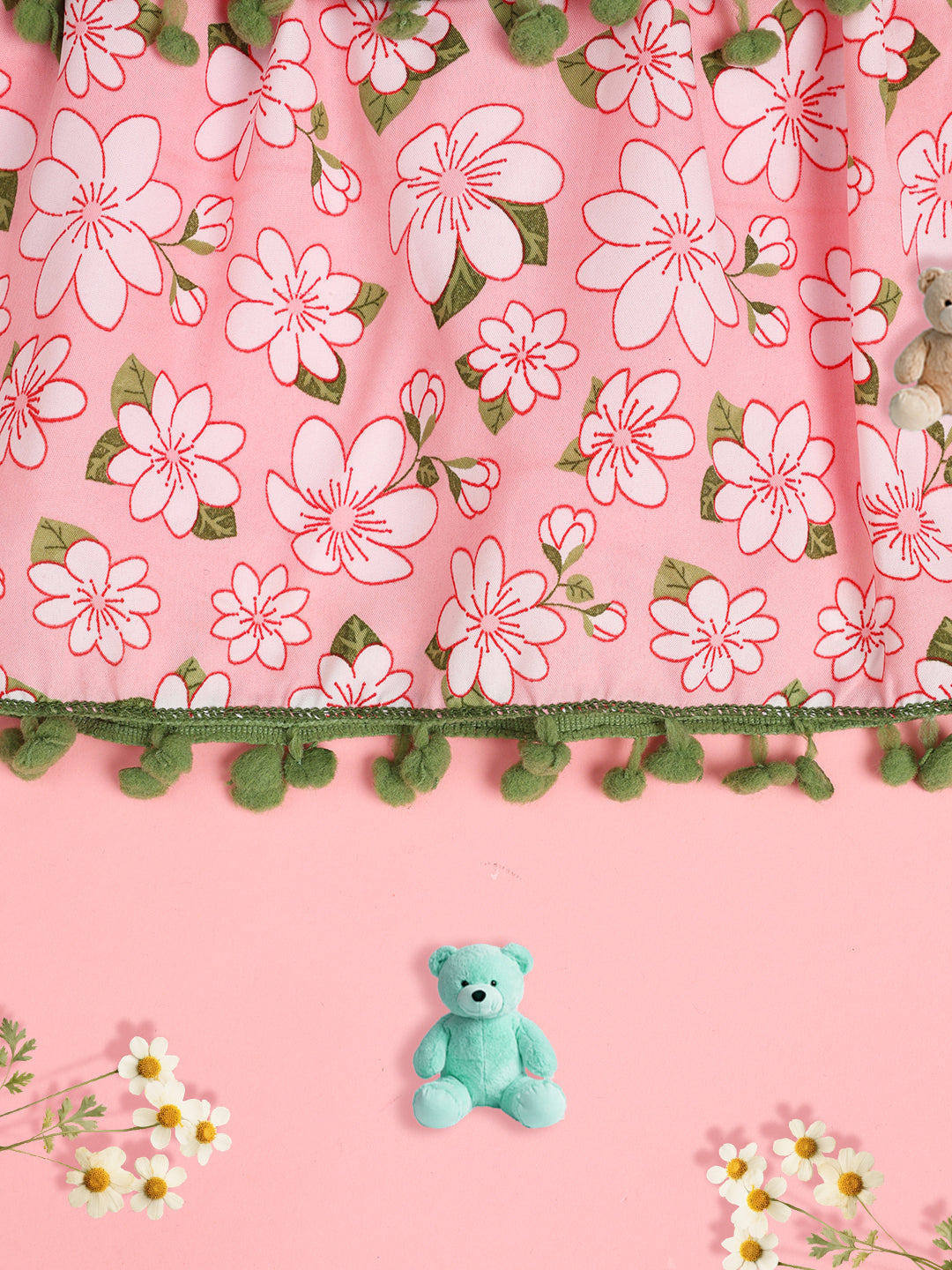 Cutiekins Girls Floral Print Embellished Skirt- Pink & Green