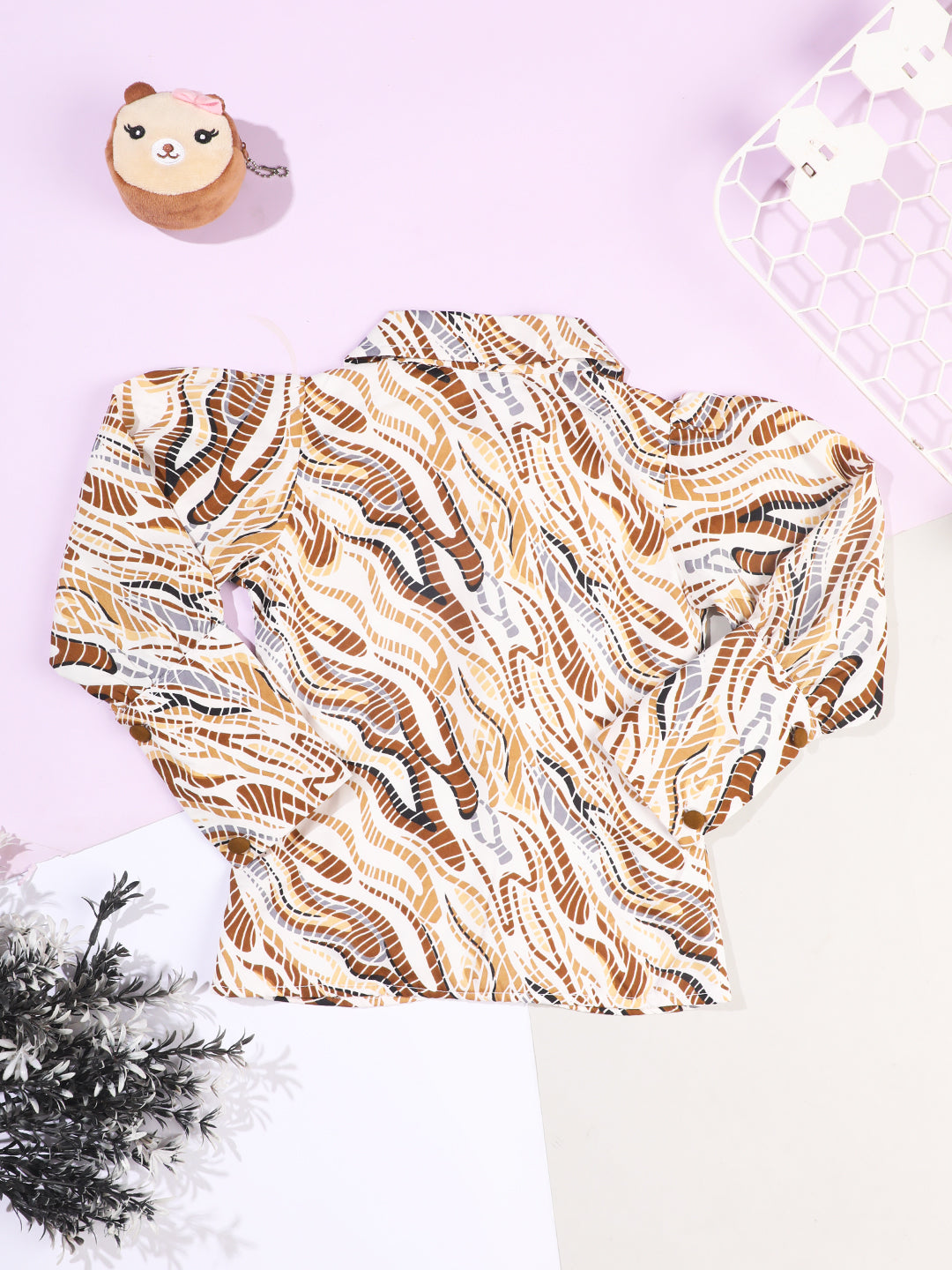 Cutiekins Girls Abstract Print Shirt Style Top -Off White & Brown