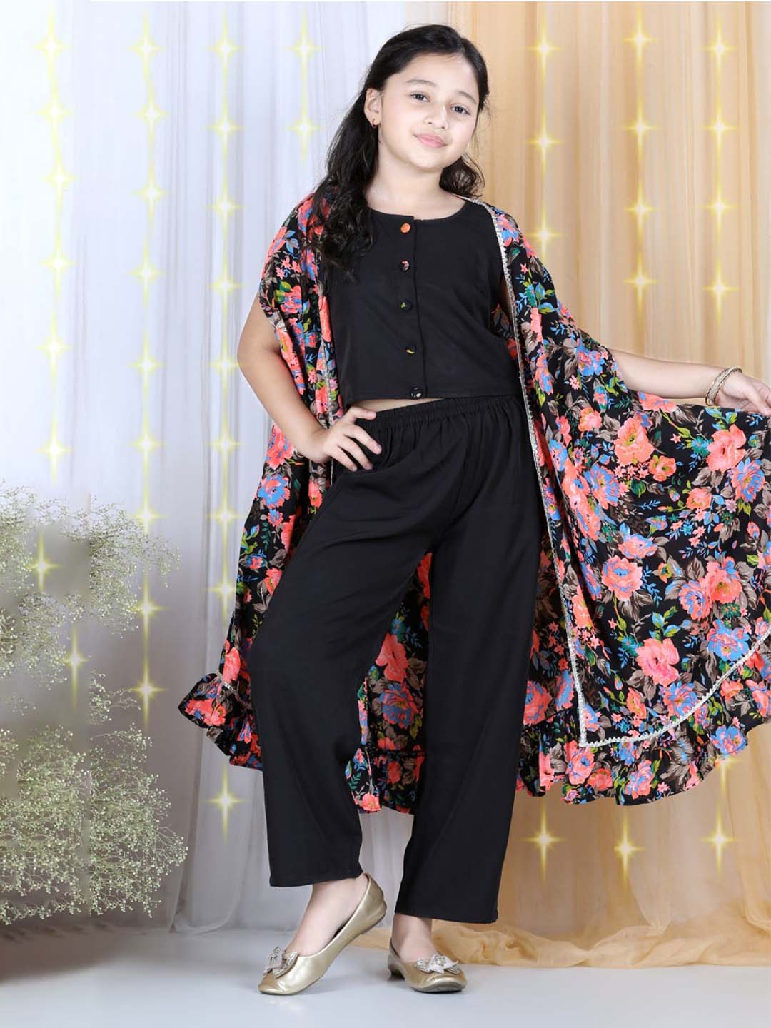 Cutiekins Floral Printed Crop Top ,Palazzo & Cape Set -Black