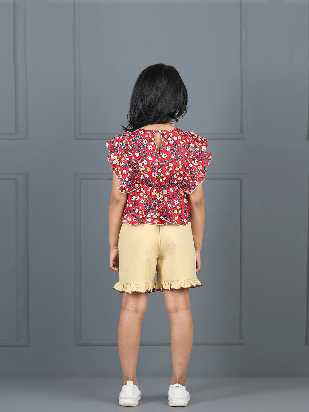 Cutiekins Girls Floral Printed Embellished Top With Solid Shorts -Coral & Wheat