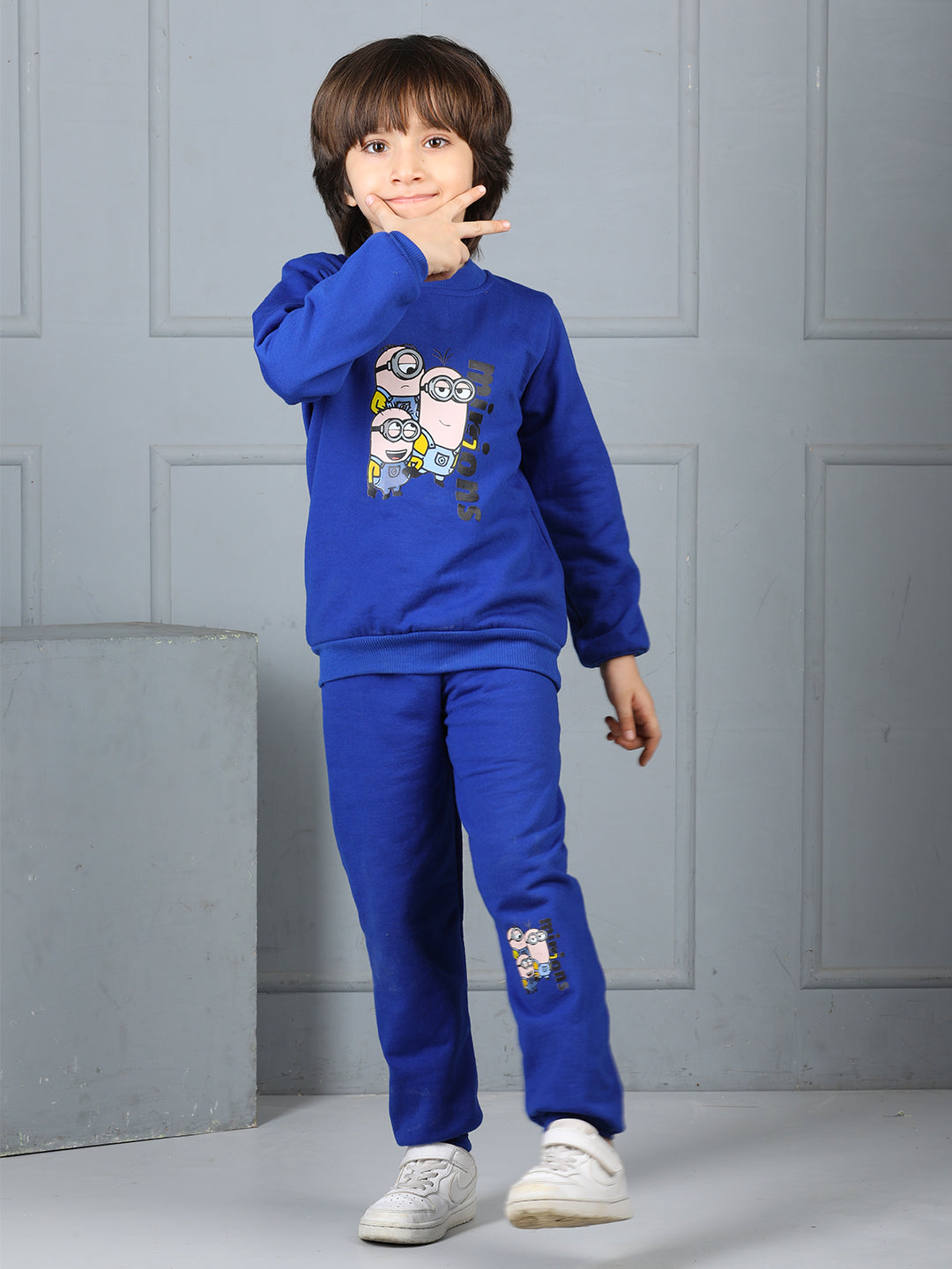 Cutiekins Boys Minions Graphic Print cozy Tracksuit -Dark Blue & Nude