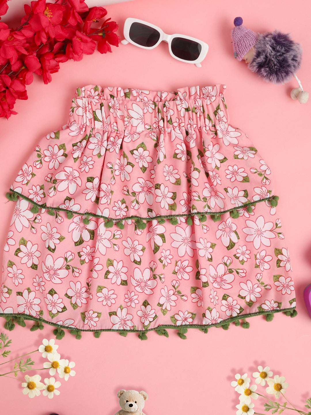 Cutiekins Girls Floral Print Embellished Skirt- Pink & Green