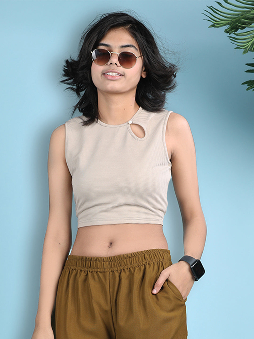 Cutiekins Girls Solid Embellished Stylish Crop Top -Beige