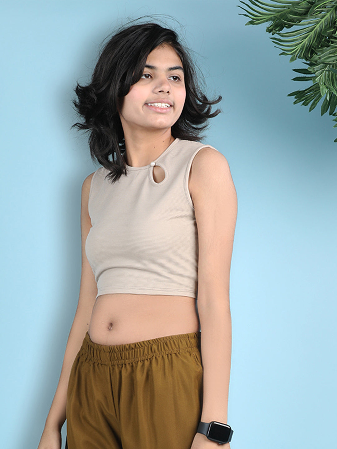 Cutiekins Girls Solid Embellished Stylish Crop Top -Beige