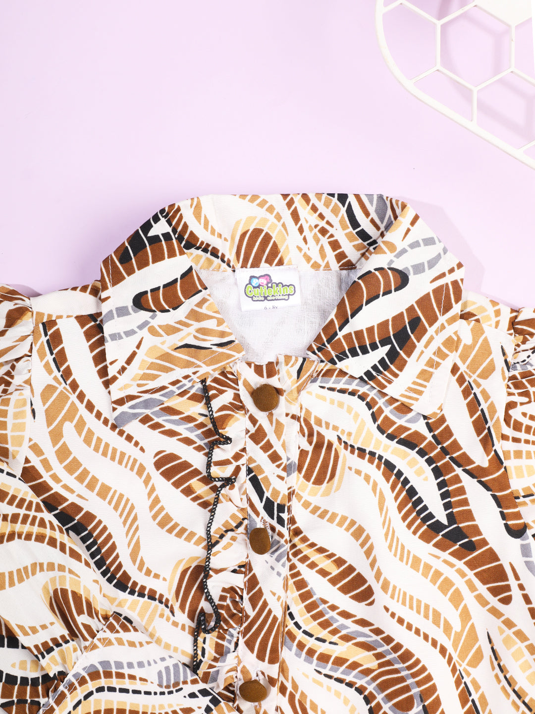 Cutiekins Girls Abstract Print Shirt Style Top -Off White & Brown