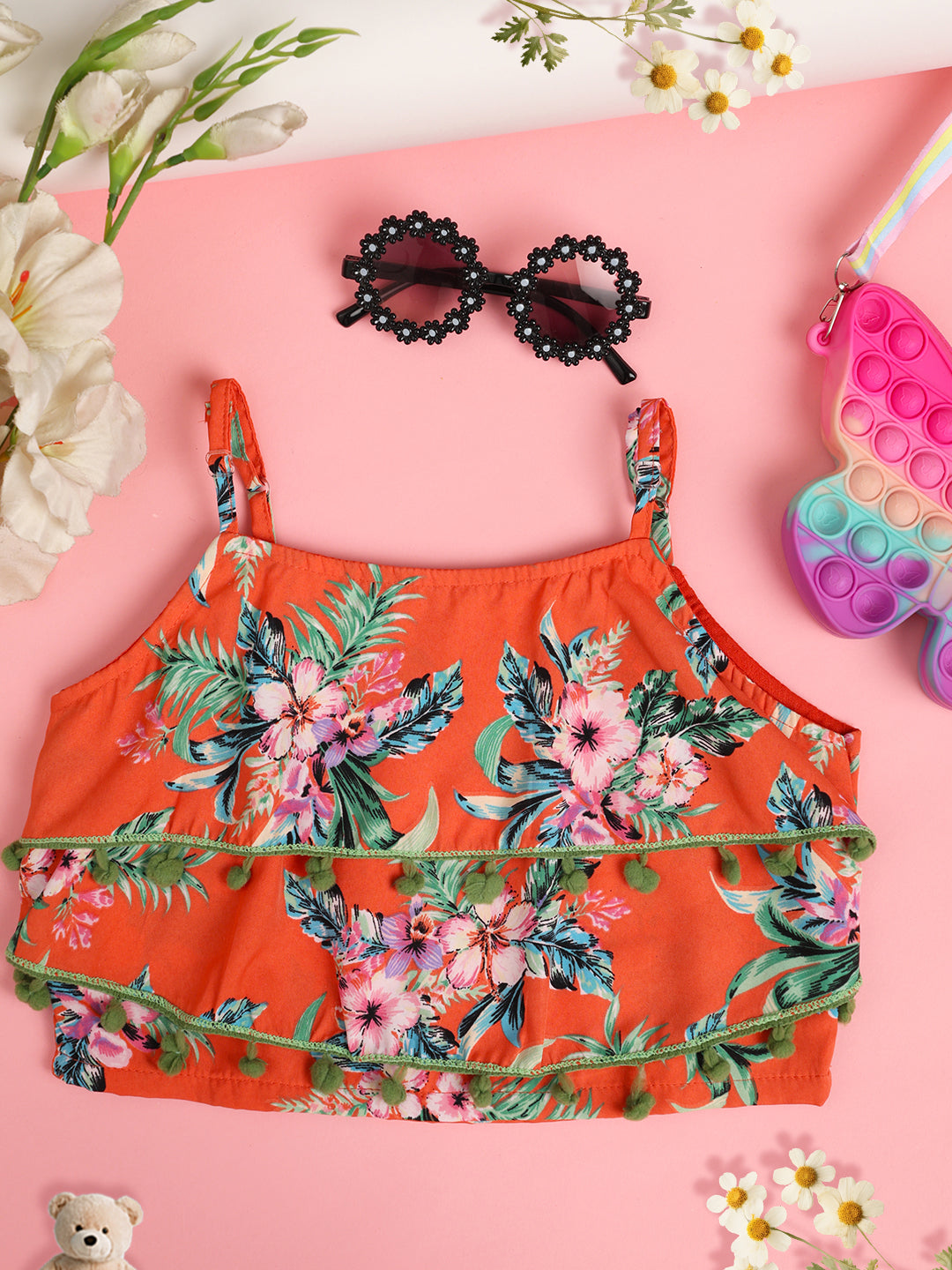 Cutiekins Girls Floral Print Embellished Top -Coral & Green