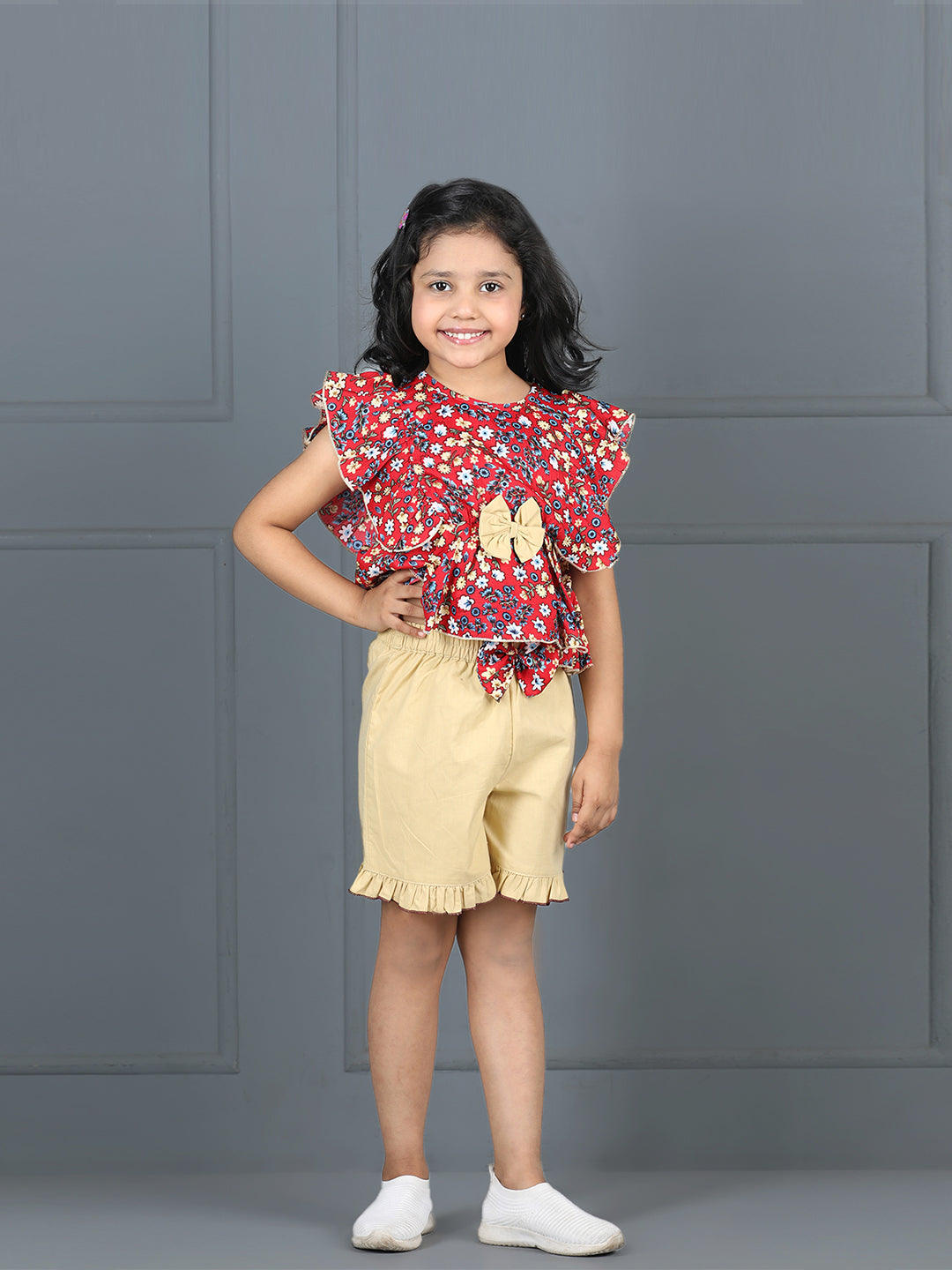 Cutiekins Girls Floral Printed Embellished Top With Solid Shorts -Coral & Wheat
