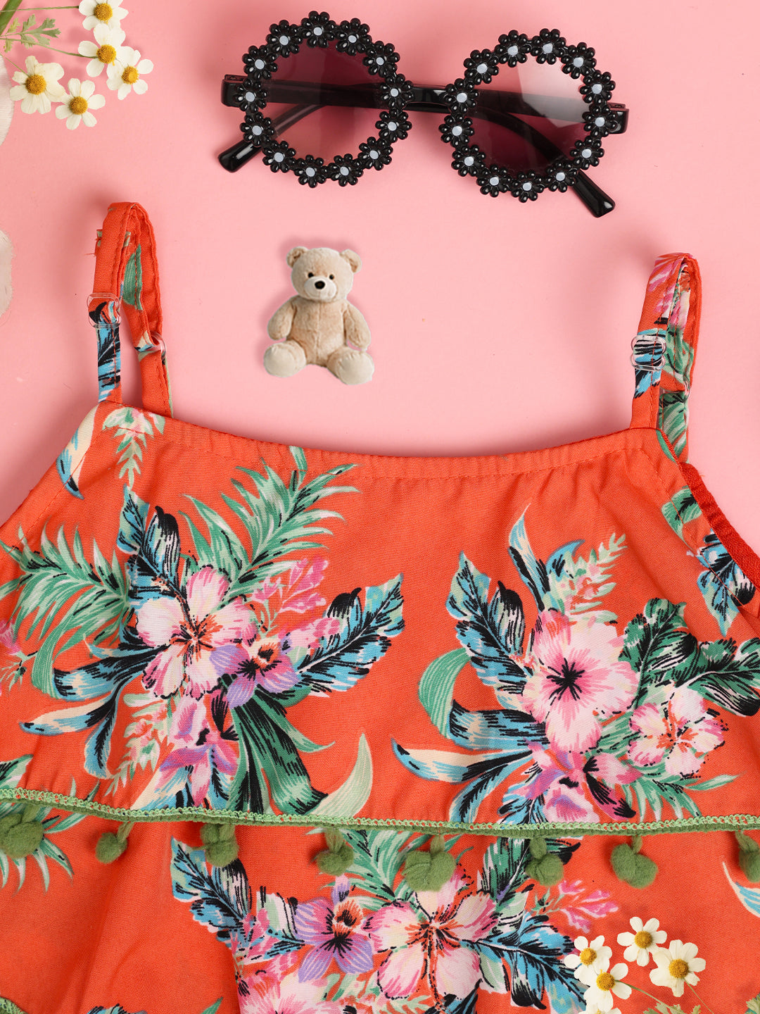 Cutiekins Girls Floral Print Embellished Top -Coral & Green