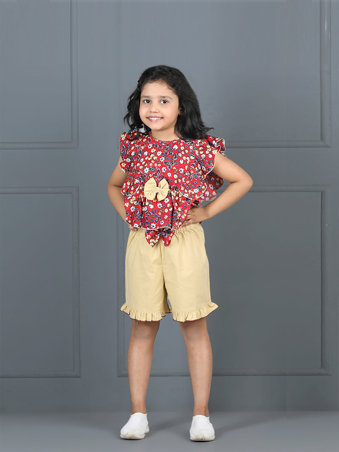 Cutiekins Girls Floral Printed Embellished Top With Solid Shorts -Coral & Wheat