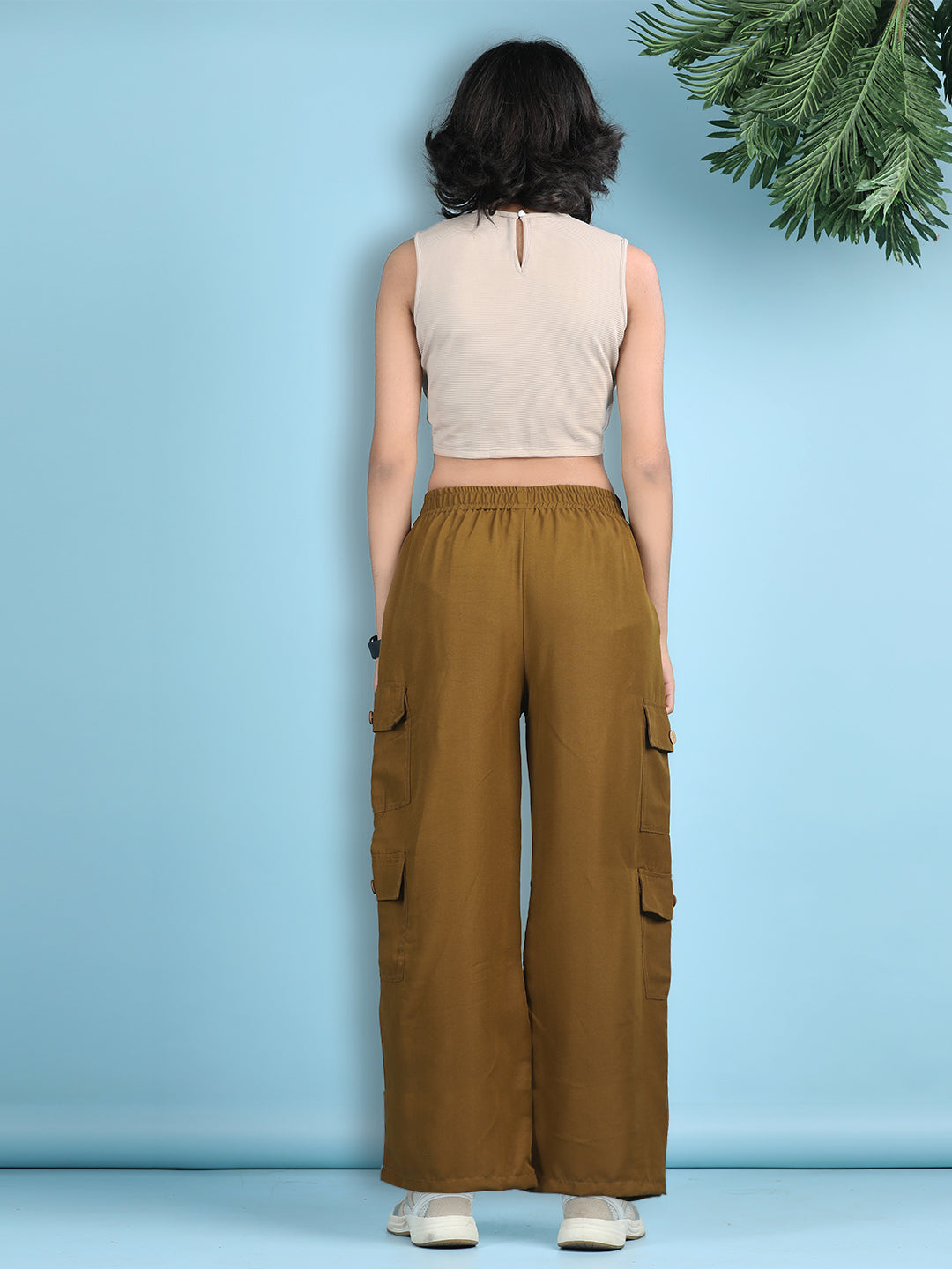 Cutiekins Girls Solid Embellished Top with Solid Cargo -Beige & Brown